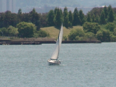 北寄りの強風でバンクしながら琵琶湖南湖を帆走するヨット（5月8日11時頃）