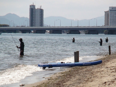 真野浜から眺めた琵琶湖北湖。立ち込み釣りのアングラーが今日もがんばってます（6月12日9時10分頃）