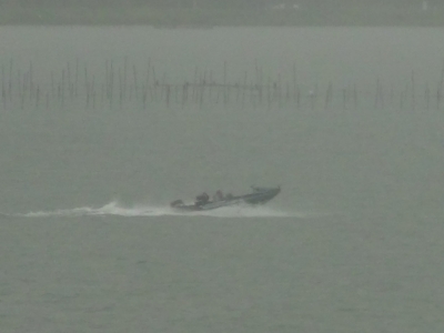 雨の琵琶湖南湖を走行中のバスボート。湖面は見た目穏やかそうですが、ザブザブとなりながら走ってます。北からウネリが入ってるのかもしれませんね（9月23日12時15分頃）