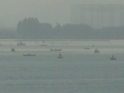 木浜5号水路沖の船団 琵琶湖大峰橋西詰から眺めた日曜日の南湖はたくさんのボートでよく賑わってました（10月2日9時頃）