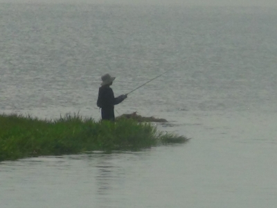 真野川河口で立ち込み釣りのアングラーが今日もがんばってます。釣り場は平日らしい空き方です（10月3日10時頃）