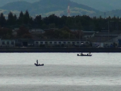 琵琶湖大橋西詰めから眺めた南湖は曇天微風でまぁまぁ穏やかですが湖上はボートが少なくてガラ空きです（10月24日8時45分頃）