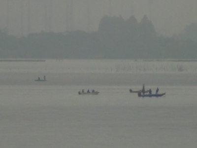 琵琶湖大橋西詰めから眺めた南湖は曇天微風のベタナギ。薄らと霧が掛かって遠くの景色が霞んでます（11月3日7時45分頃）
