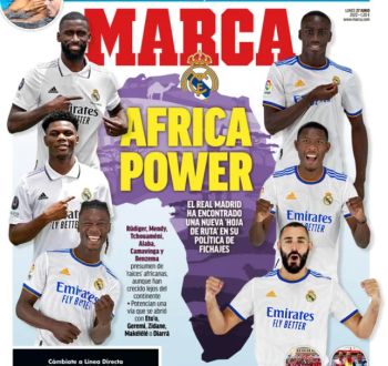 Marca’s front page for 27th June titled “Africa Power” with a picture of 6 Real Madrid players
