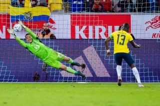 Daniel Schmidt (Japan) penalty save against Ecuador