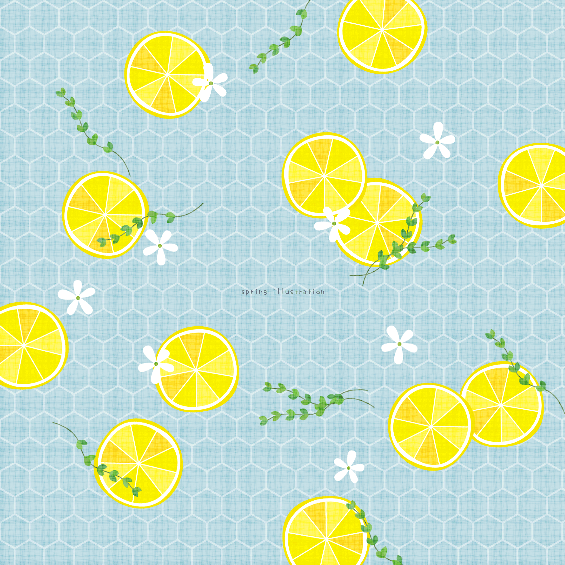【レモン＆ハーブ】果物のイラストましかく壁紙・背景